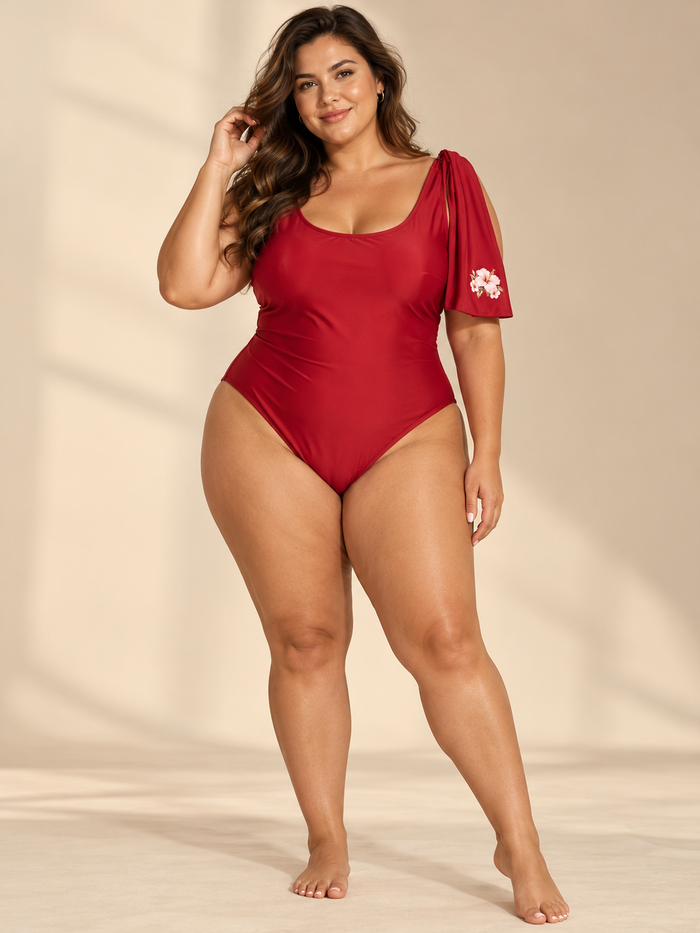 Handmade Red Floral One-Piece Swimsuit